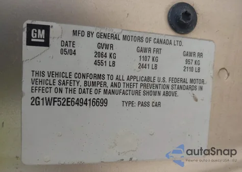 2004 Chevrolet Impala from USA, damaged, VIN 2G1WF52E649416699